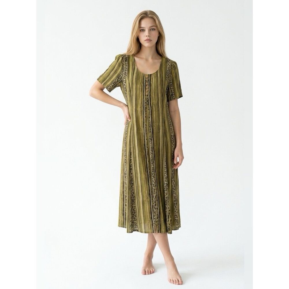FASHION BUG SAGE GREEN WITH STRIPES & ANIMAL PRINT SHORT SLEEVE DRESS SIZE 18 - Picture 2 of 7